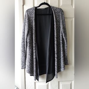 Via Appia Black and White Marled Open-Front Cardigan